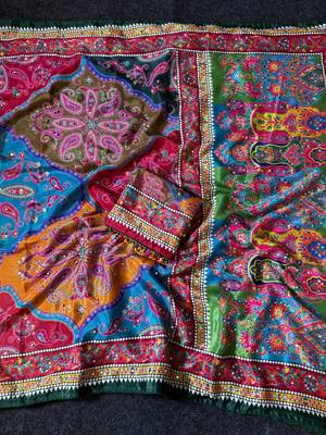 Multi Color Mirror work And Piping Saree Border and ajarakh PrintRoman Silk 2