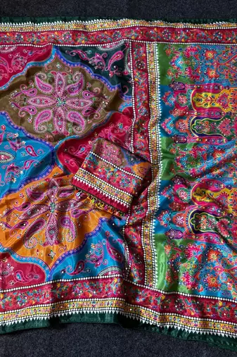 Multi Color Mirror work And Piping Saree Border and ajarakh PrintRoman Silk