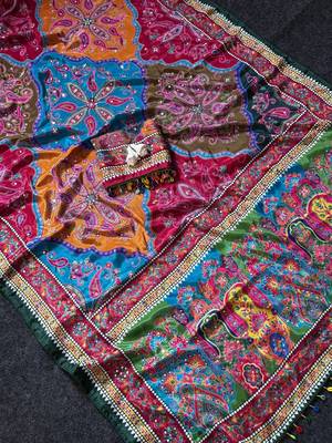 Multi Color Mirror work And Piping Saree Border and ajarakh PrintRoman Silk 3