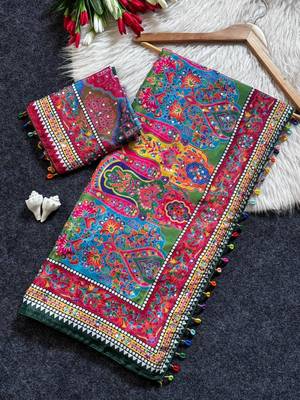 Multi Color Mirror work And Piping Saree Border and ajarakh PrintRoman Silk 4