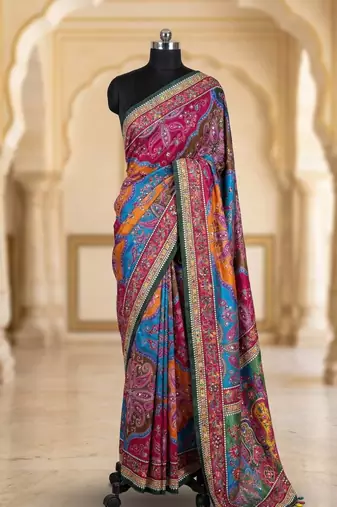 Multi Color Mirror work And Piping Saree Border and ajarakh PrintRoman Silk