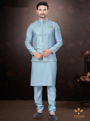 Men's semi silk blend straight sky blue kurta set 1