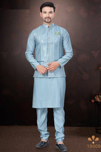 Men's semi silk straight sky blue kurta set