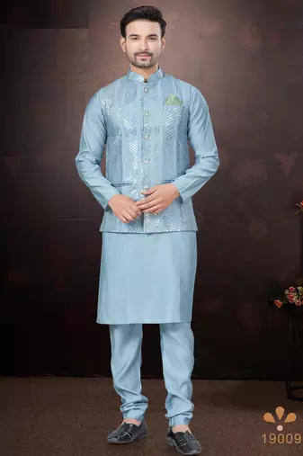 Men's semi silk straight sky blue kurta set