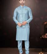 Men's semi silk straight sky blue kurta set
