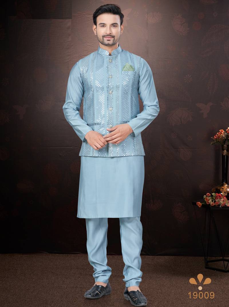 Men's semi silk straight sky blue kurta set