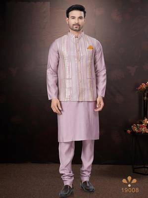 Men's semi silk blend straight pink kurta set 1
