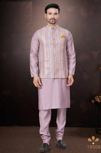 Men's semi silk straight pink kurta set