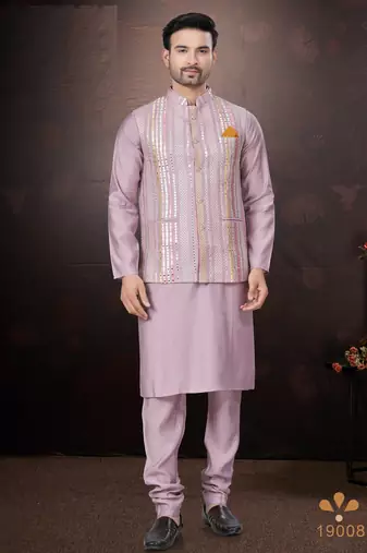 Men's semi silk straight pink kurta set