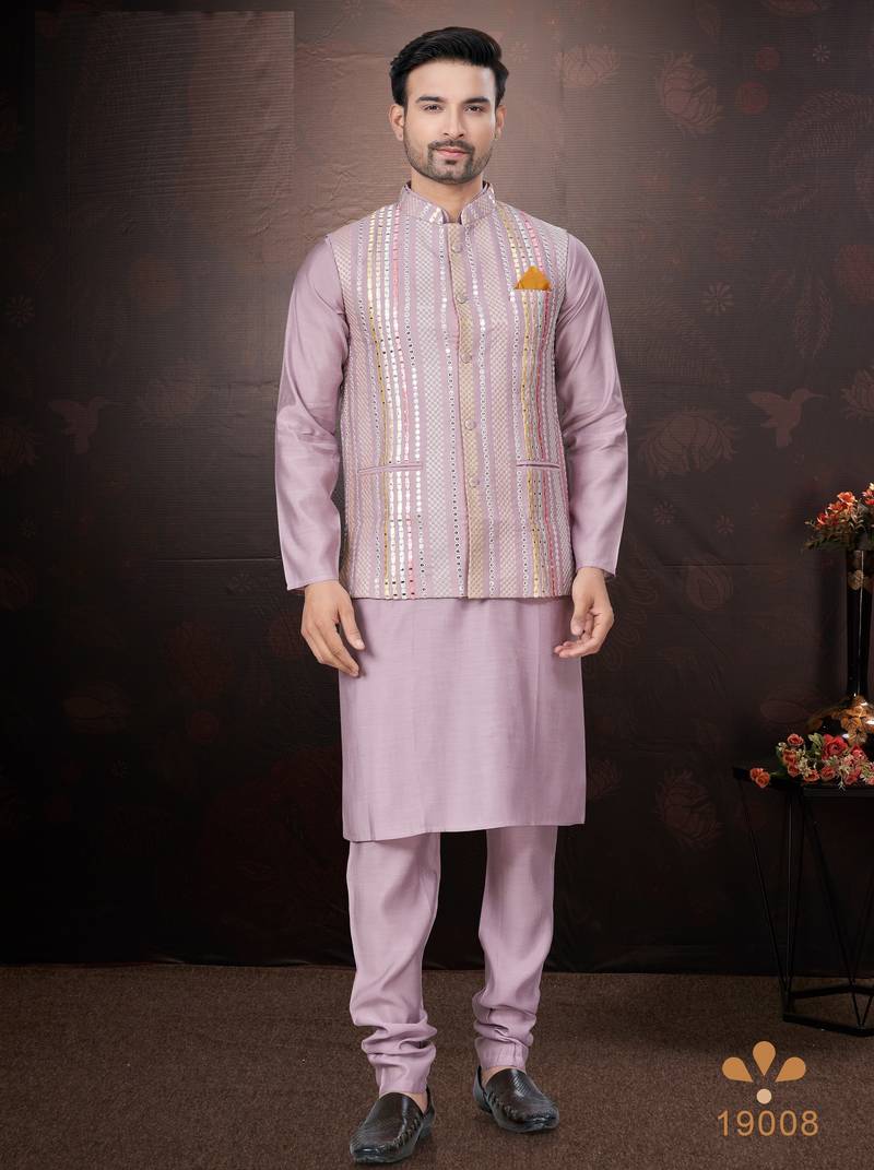 Men's semi silk straight pink kurta set