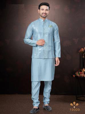 Men's semi silk blend straight sky blue kurta set 2