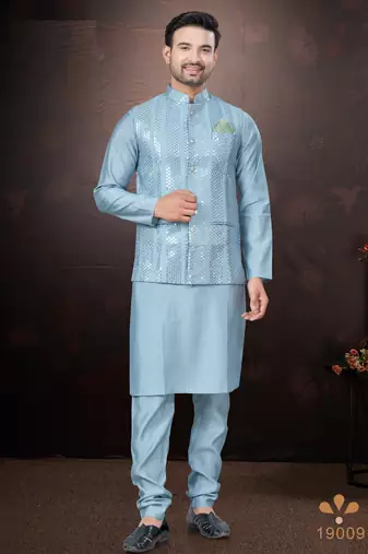 Men's semi silk straight sky blue kurta set