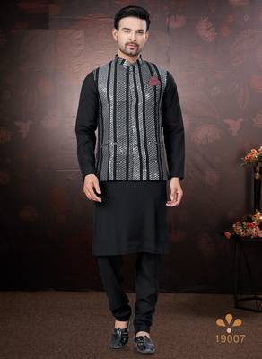 Men's semi silk blend straight black kurta set 1