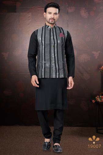 Men's semi silk straight black kurta set