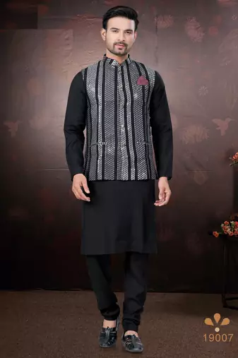 Men's semi silk straight black kurta set