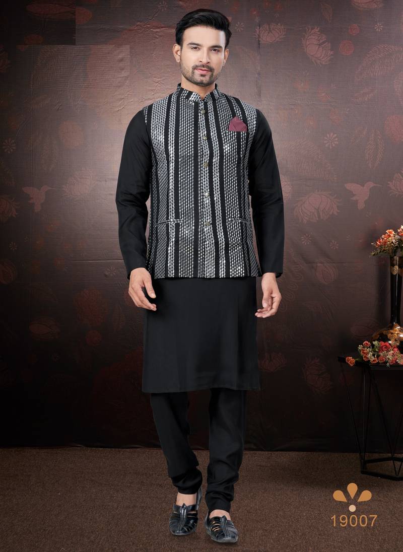 Men's semi silk straight black kurta set