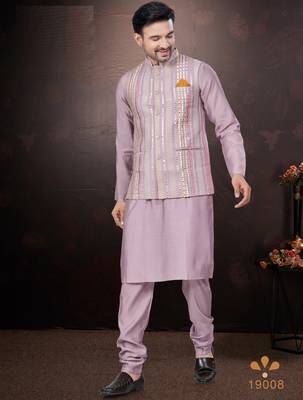 Men's semi silk blend straight pink kurta set 2