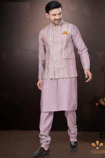 Men's semi silk straight pink kurta set