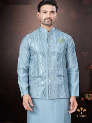 Men's semi silk blend straight sky blue kurta set 3