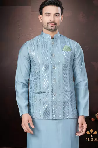 Men's semi silk straight sky blue kurta set