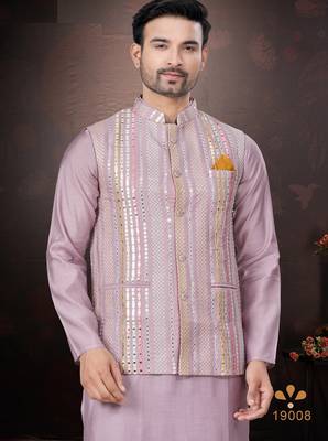 Men's semi silk blend straight pink kurta set 3