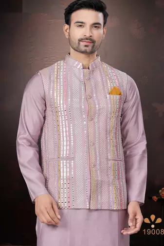 Men's semi silk straight pink kurta set