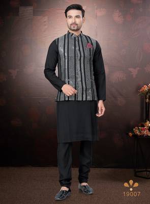 Men's semi silk blend straight black kurta set 2