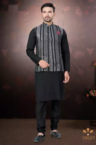Men's semi silk straight black kurta set