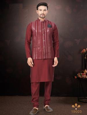 Men's semi silk blend straight maroon kurta set 1