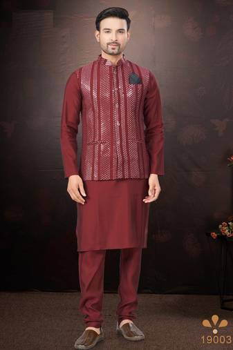 Men's semi silk straight maroon kurta set