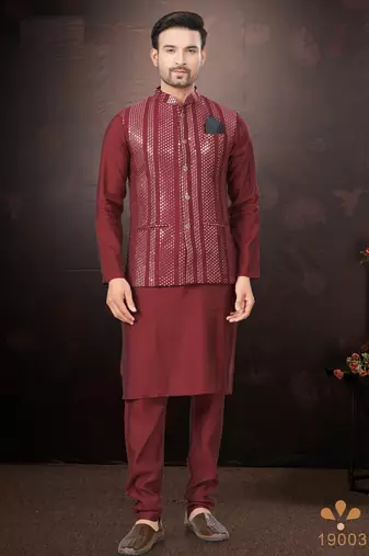 Men's semi silk straight maroon kurta set