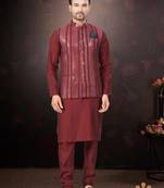 Men's semi silk straight maroon kurta set