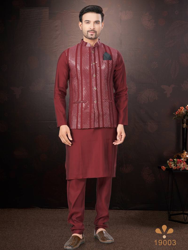 Men's semi silk straight maroon kurta set