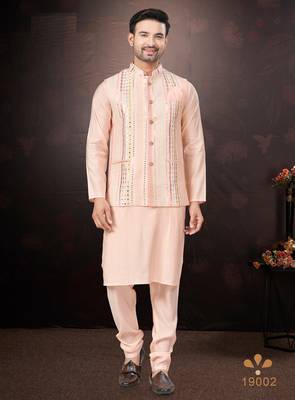 Men's semi silk straight pink kurta set 1