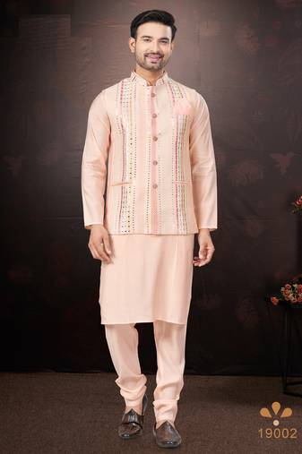 Men's semi silk straight pink kurta set