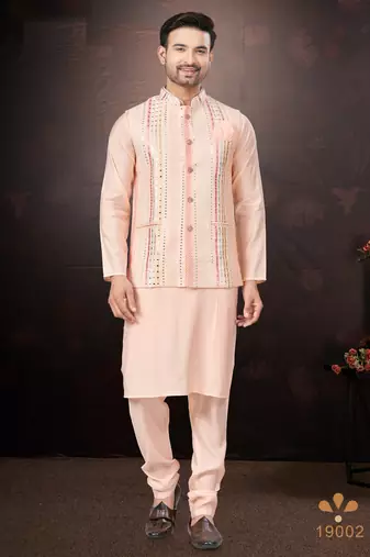 Men's semi silk straight pink kurta set