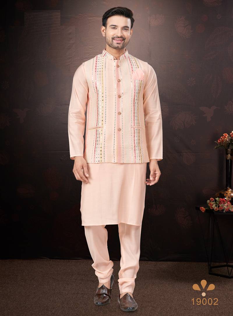 Men's semi silk straight pink kurta set