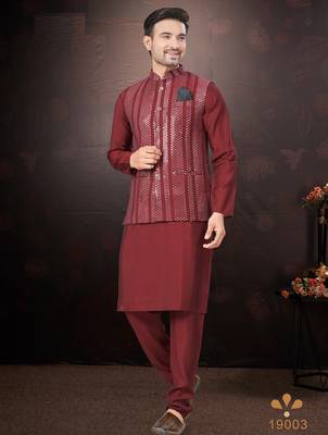 Men's semi silk blend straight maroon kurta set 2