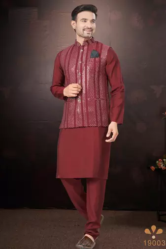 Men's semi silk straight maroon kurta set