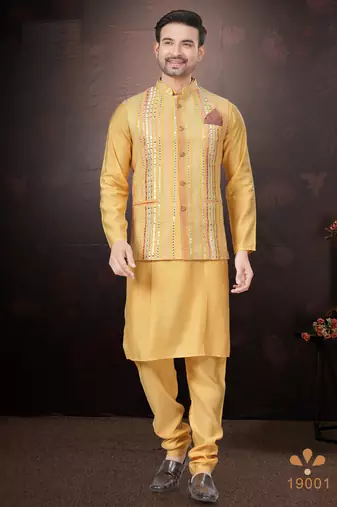 Men's semi silk straight yellow kurta set