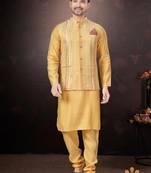 Men's semi silk straight yellow kurta set