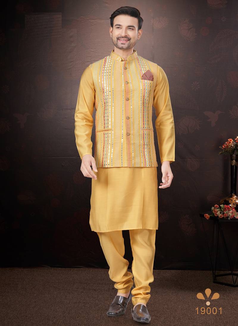 Men's semi silk straight yellow kurta set