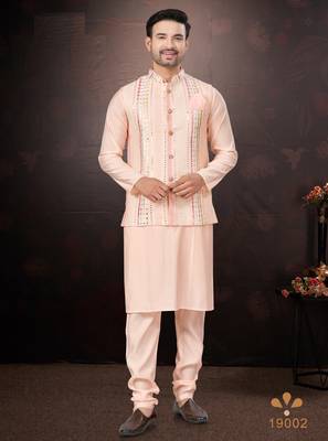 Men's semi silk straight pink kurta set 2