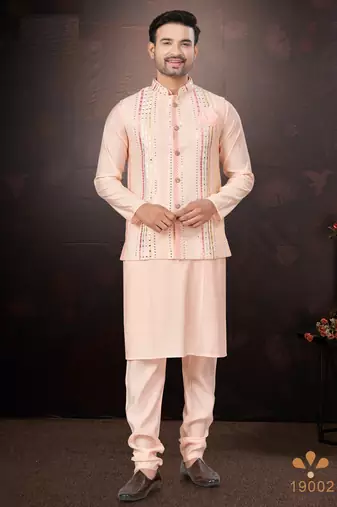 Men's semi silk straight pink kurta set