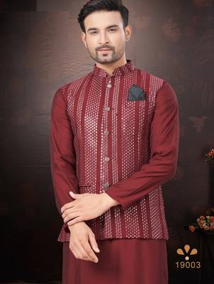 Men's semi silk blend straight maroon kurta set 3