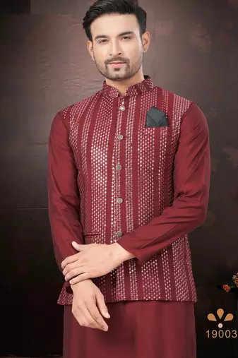 Men's semi silk straight maroon kurta set
