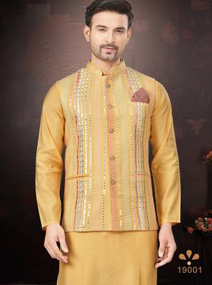 Men's semi silk blend straight yellow kurta set 2