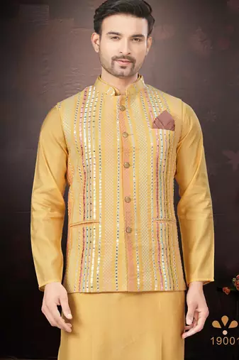 Men's semi silk straight yellow kurta set