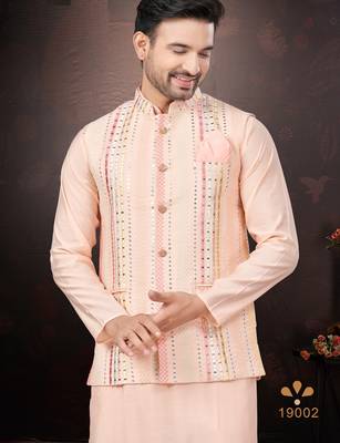 Men's semi silk straight pink kurta set 3
