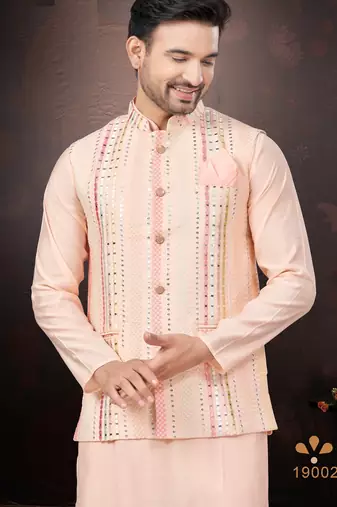 Men's semi silk straight pink kurta set